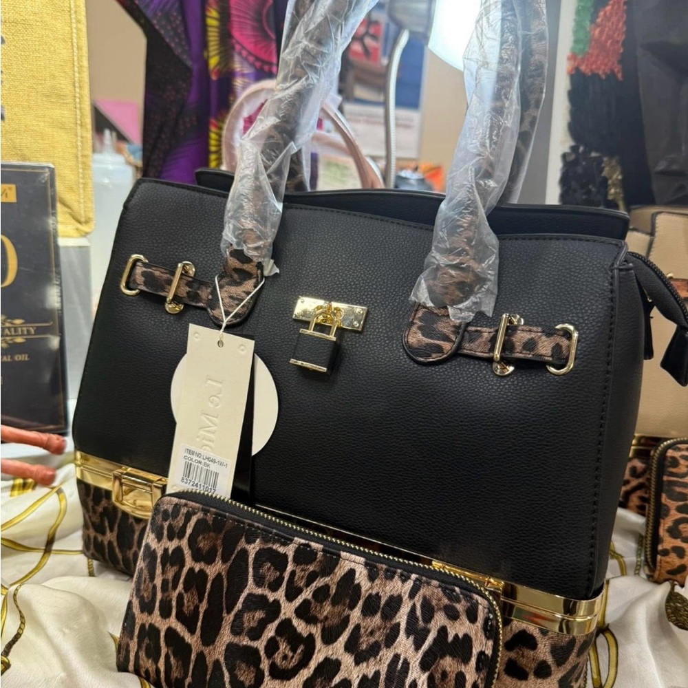 Women's Black Satchel Handbag with Leopard Trim and Matching wallet